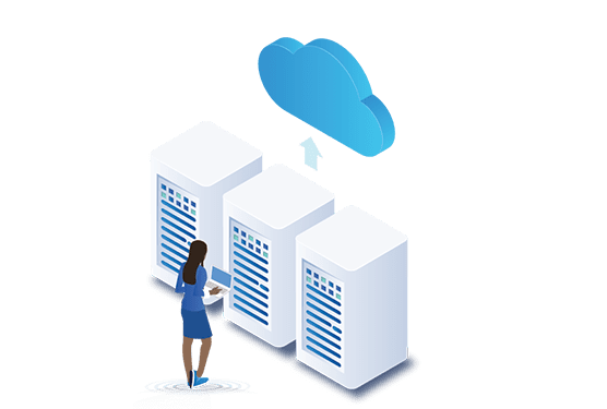 A woman with a laptop standing in front of cloud servers
