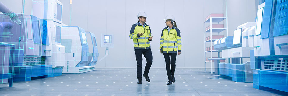 Colleagues walk through a future-of-work office and leverage the power of IoT.