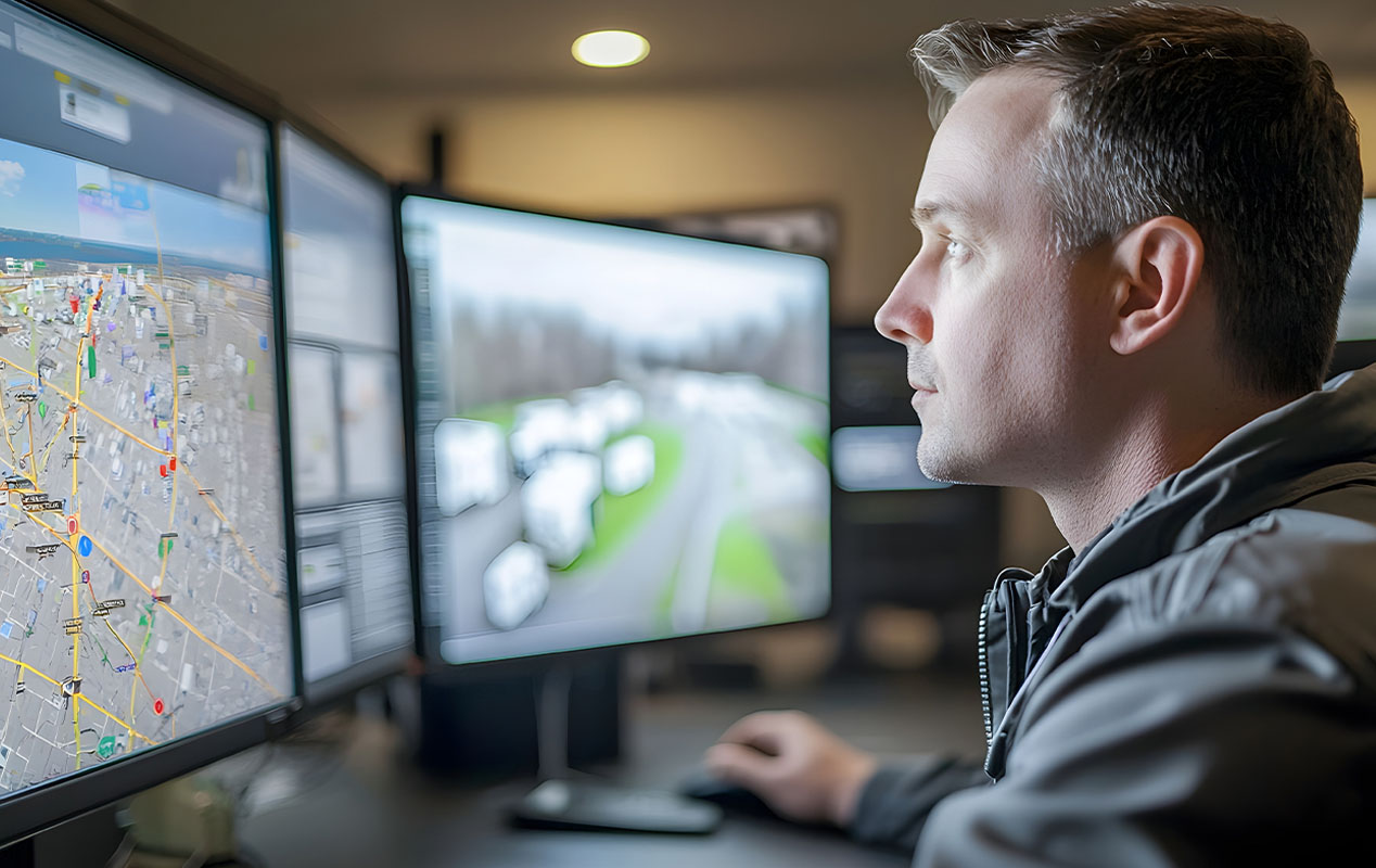 An employee is looking at 3 computer monitors and using real-time insights to optimize a route for his smart, connected IoT fleet.