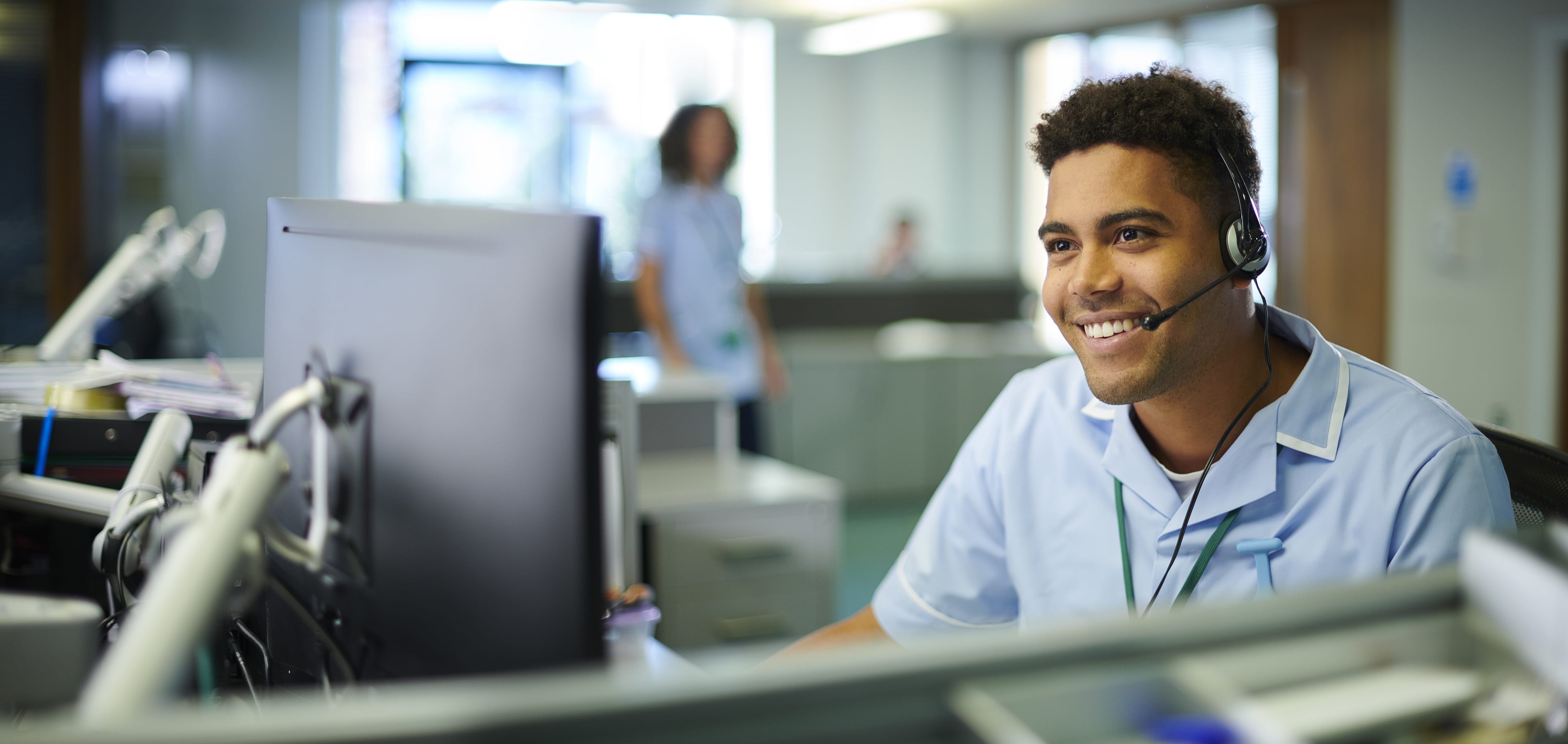 Employee using Microsoft Teams to make calls, communicate and collaborate with colleagues.