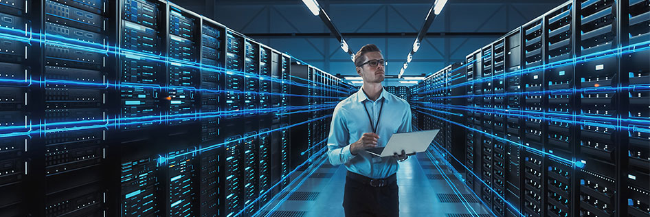 Artificial intelligence expert runs formulas while walking through a data centre.