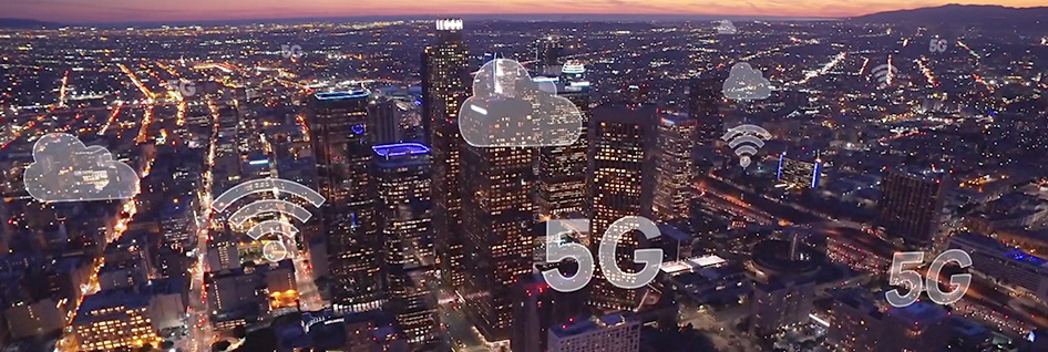 5G network hovering over the city buildings